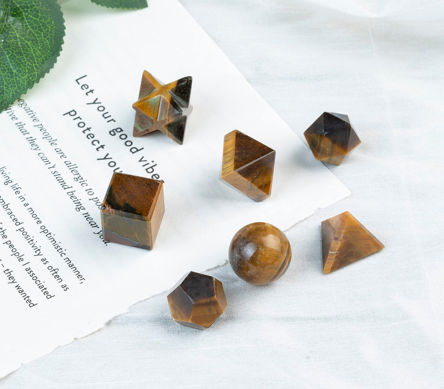 Crocon Tiger Eye 7Pcs Platonic Solids Crystal Geometry Set, Platonic Solids Sacred Geometric Stones for Meditation Reiki Balancing Healing Chakra Stone Cleansing Spiritual Good Luck (15-20 mm)