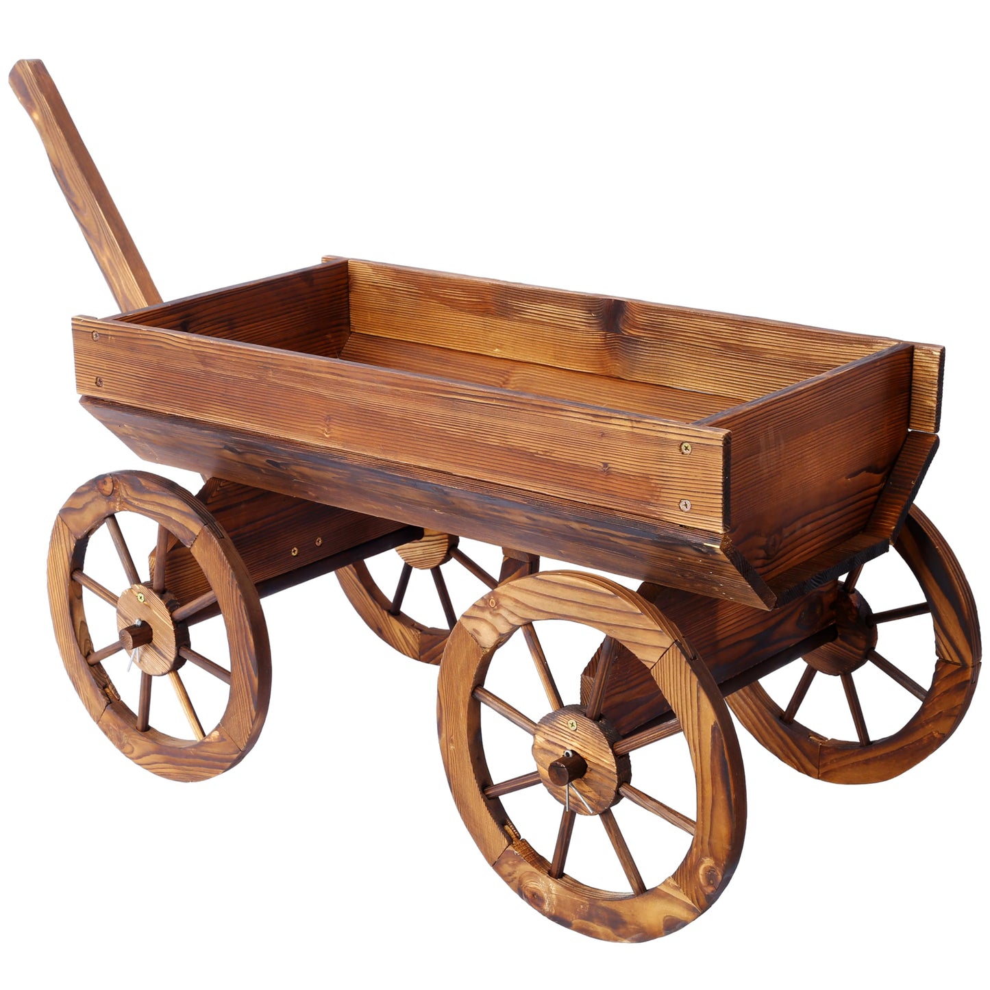 AYUYK Wood Wagon Planter with Wheels, Large Rustic Outdoor Garden Decor – Solid Fir Wood Wheelbarrow Planter for Patio, Balcony, Backyard, Heavy Duty Wooden Flower Cart with Handle