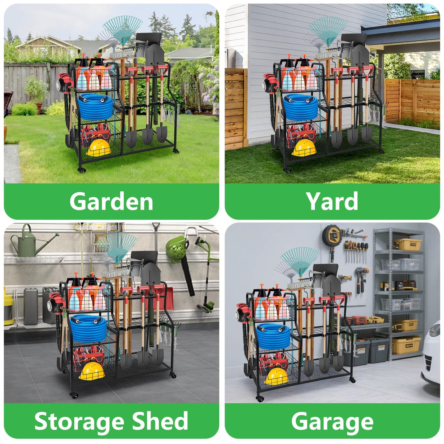 WaifaYie Garden Tool Organizer with 4 Wheels, Garden Tool Rack with 2 Storage Basket, 3 Tier Heavy Duty Utility Garden Tool Storage with 12 Hooks for Yard/Garden/Shed/Garage/Basement/Lawn