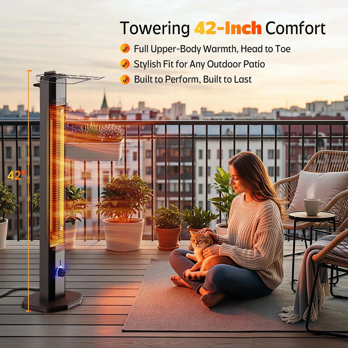 Outdoor Electric Patio Heater, 42-inch 1500W Infrared Tower Heater with 9 Heat Settings & 9H Timer, IPX5 Waterproof, Safety Lock, Tip-Over & Overheat Protection Space Heater for Indoor & Outdoor Use