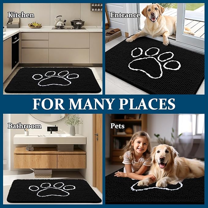 OLANLY Dog Door Mat for Muddy Paws 32x20, Paw Print Design, Absorbs Moisture and Dirt, Absorbent Non-Slip Washable Doormat, Quick Dry Chenille Mud Mat for Dogs, Entry Indoor Entryway Carpet, Black