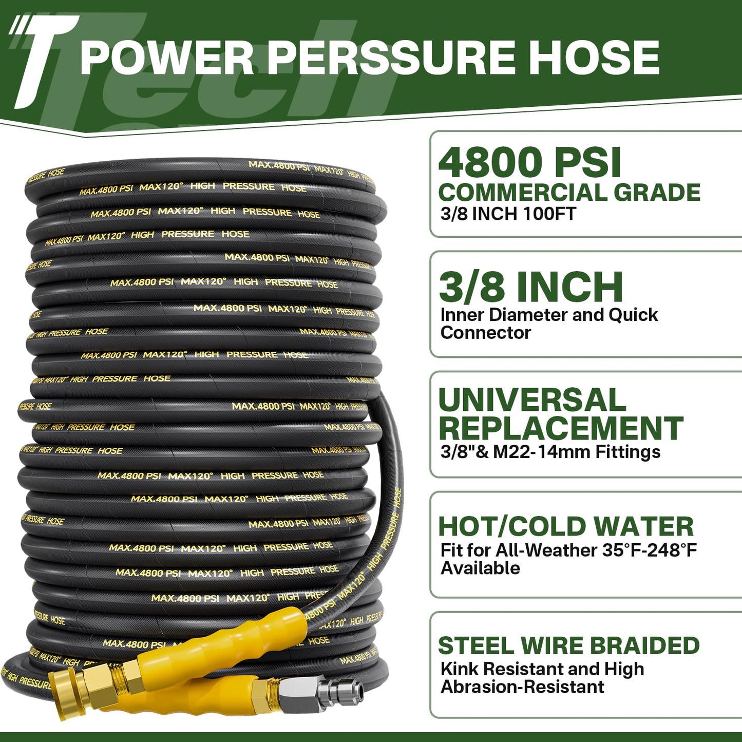 TechSweepPro 5000PSI Pressure Washer Gun and Hose Kit, 100FT Kink Resistant Steel Braided Power Washer Hose with 3/8" Swivel Quick Connector and M22 14mm Adapters Replacement/30" Extension Washer Wand