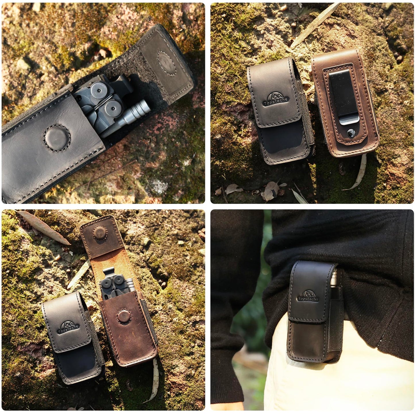 Topstache Leather Multitool Sheath with Belt Clip - EDC Multi Tool Holster for Folding Tool - Leather EDC Holster Pouch Belt Organizer - Magnetic Closure Multitool Case Sheath, M,Black