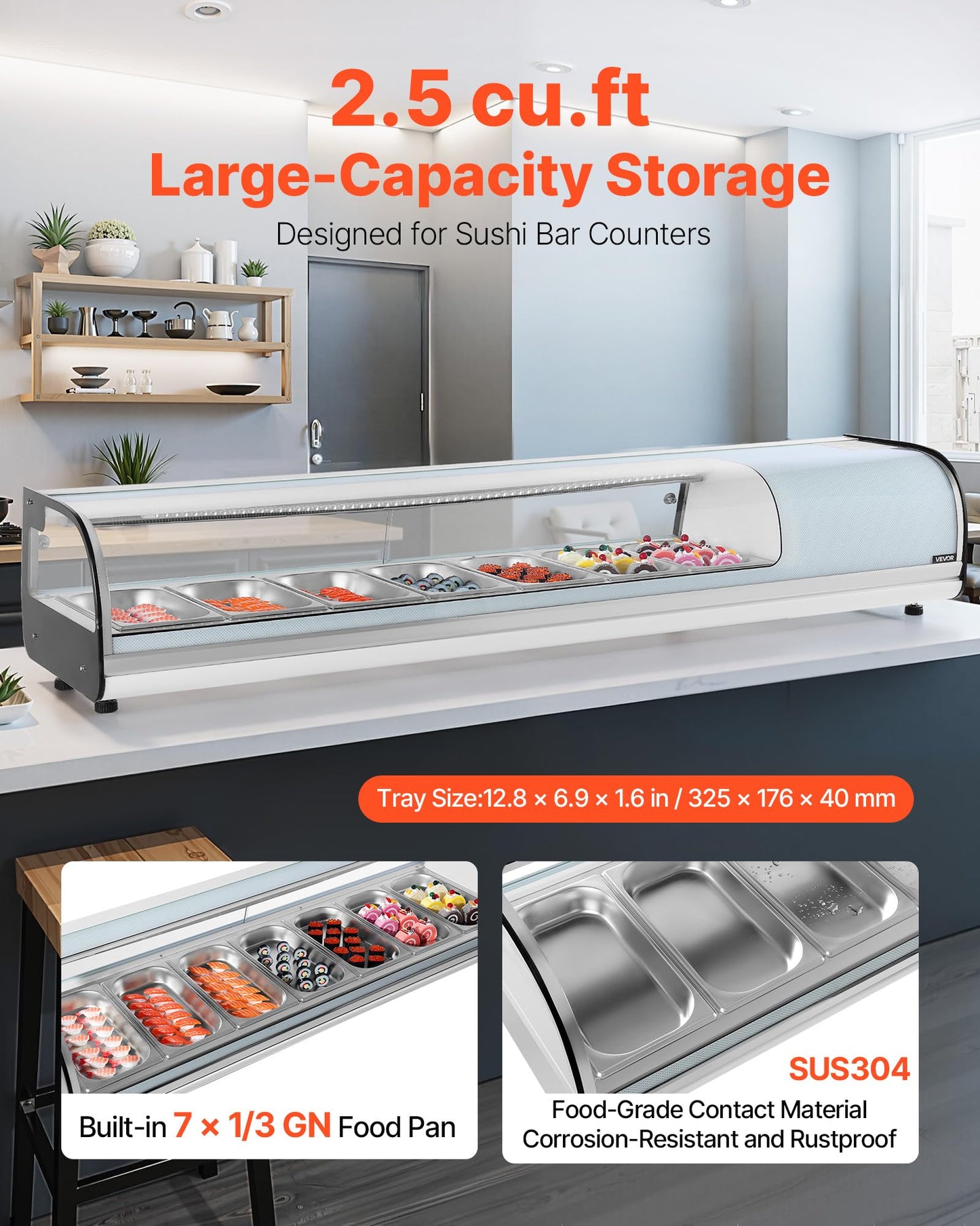 VEVOR Sushi Display Case Refrigerator, 2.5 Cu.ft Commercial Sushi Case, 7-Pan Countertop Showcase with Curved Glass, LED Lighting, and Digital Temperature Control, for Sushi-Bar, Restaurant, Store