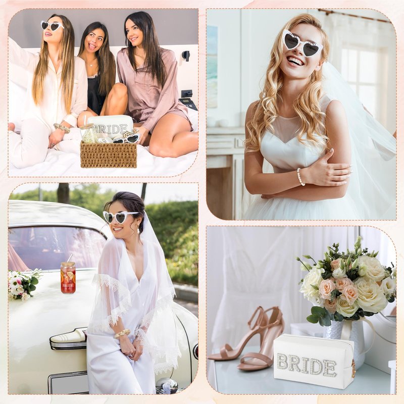 LemonRoad 11 Pcs Bride Gifts Basket Set for Bridal Shower Bachelorette Party Heart Glasses Glass Cup Makeup Bag Bracelet Claw Clip Scrunchies Card Bride to Be Box Wedding Engagement Gifts for Her