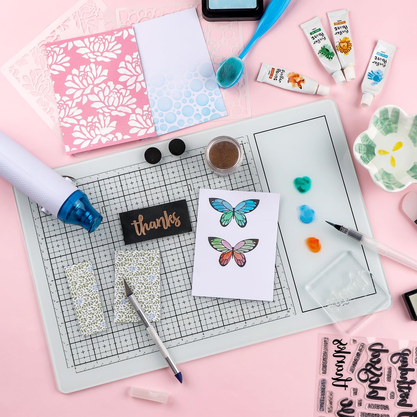 9Pcs/SetMagnetic Glass Craft Mat Set; 15.75"x10.24"Heat Resistant Glass Media Cutting Mat W/MagnetsGridlines and measurements; for Cutting, Stamping, Mixed Media, Heat Embossing and Hot Glue Projects