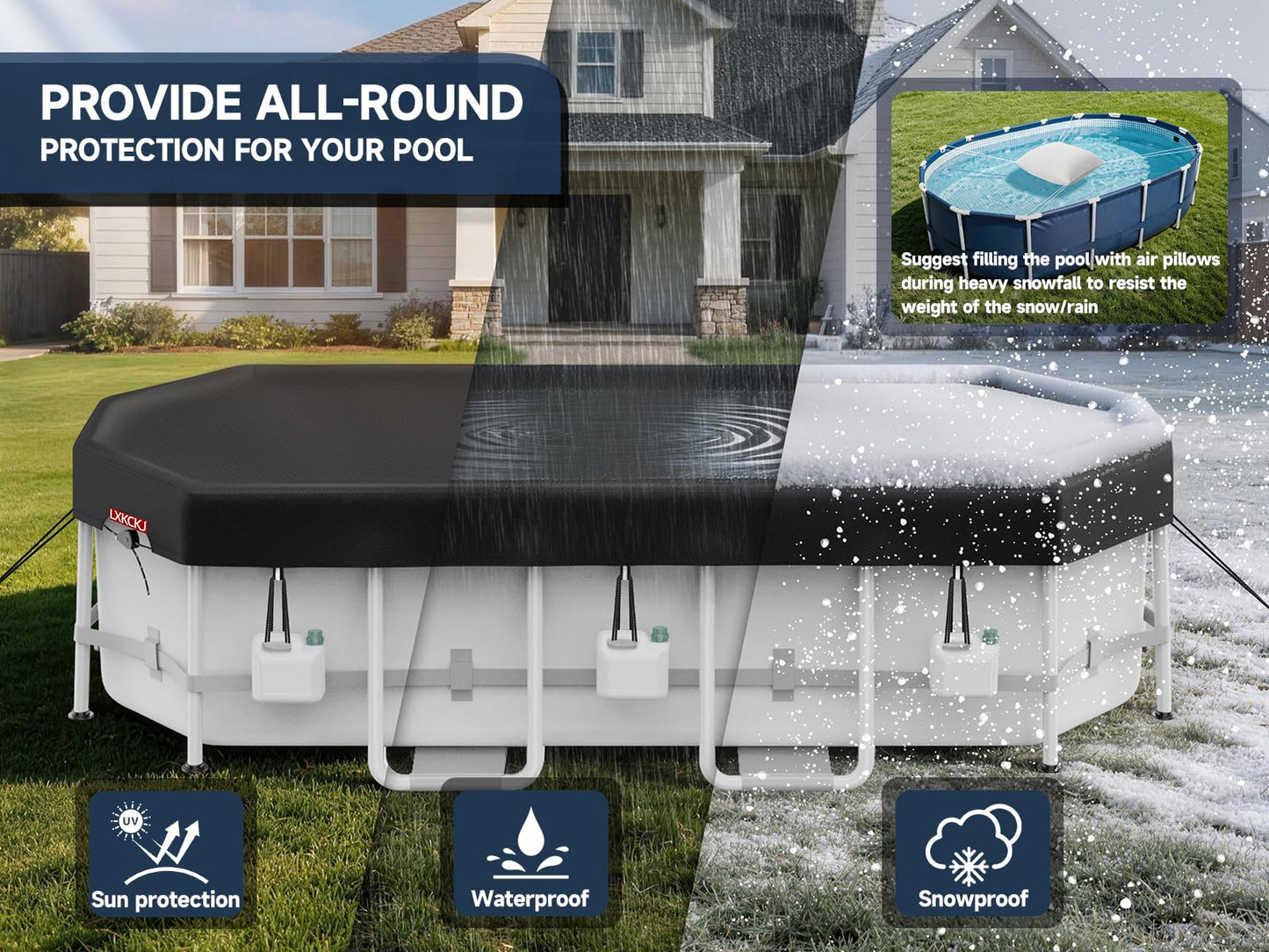 LXKCKJ 10x16 FT Rectangular Pool Cover for Above Ground Pool, Solar Oval Pool Cover Protector, Winter Pool Cover with Accessories Set Ideal for Cold and UV Resistant, Dustproof (Black)