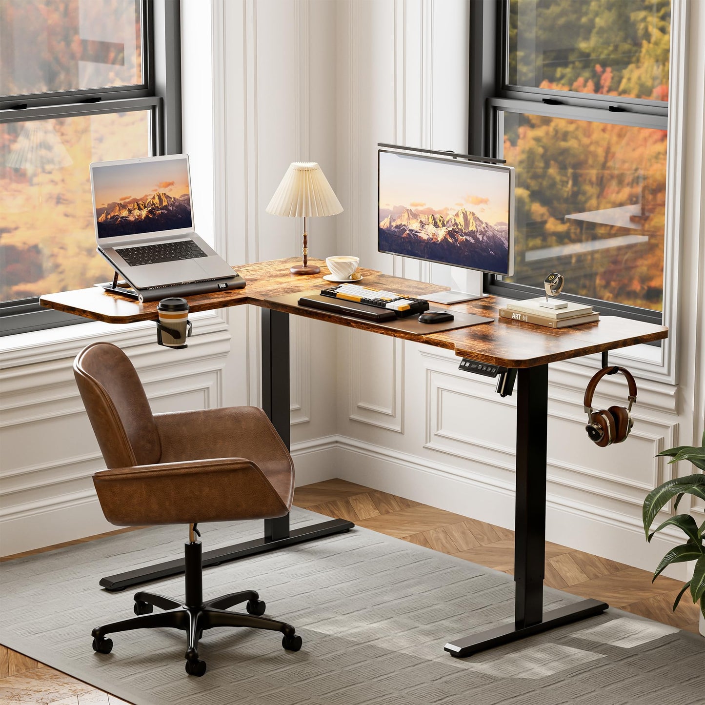 Acrolix 59 Inch L Shaped Standing Desk Electric Adjustable Height, Corner Standing Desk, Electric Sit Stand Table with Reversible Splice Boards for Computer Office Home (Rustic Brown)