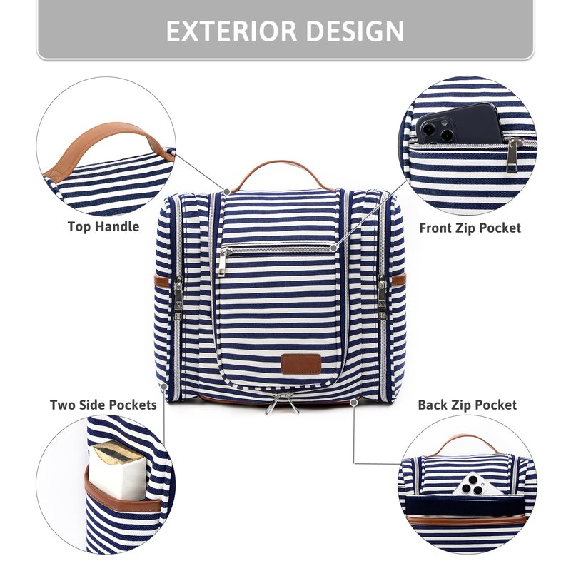 Pearl Angeli Hanging Toiletry Bag for Women and Men, Large Makeup Cosmetic Bag, Water Resistant Toiletries Travel Essentials Organizer, Full-size Container, Navy-striped