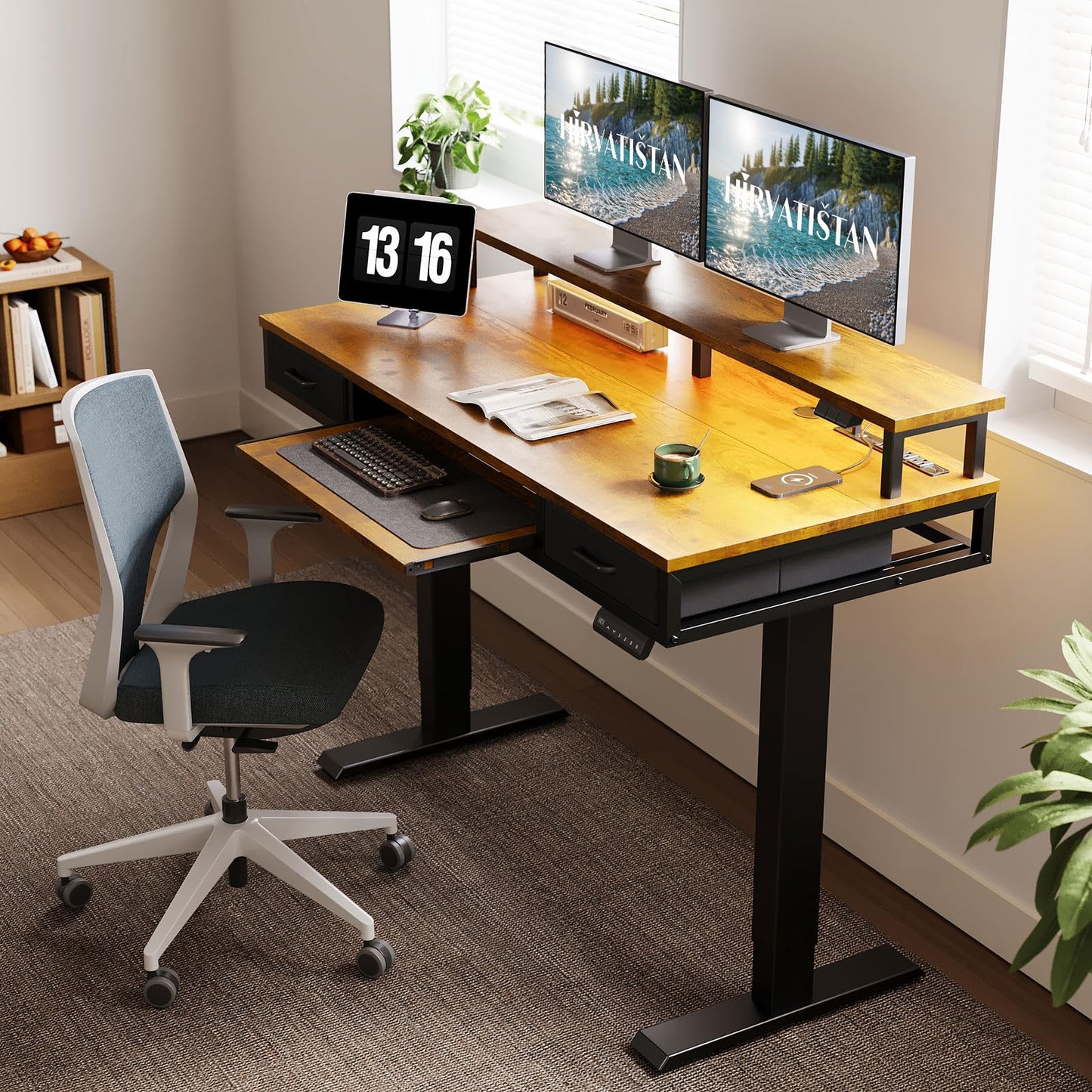 AODK Electric Standing Desk with Drawers & Keyboard Tray, 55 Inch Height Adjustable Gaming Desk with Power Outlets & LED Lights, Sit Stand Table with Monitor Stand for Home, Office, Rustic Brown