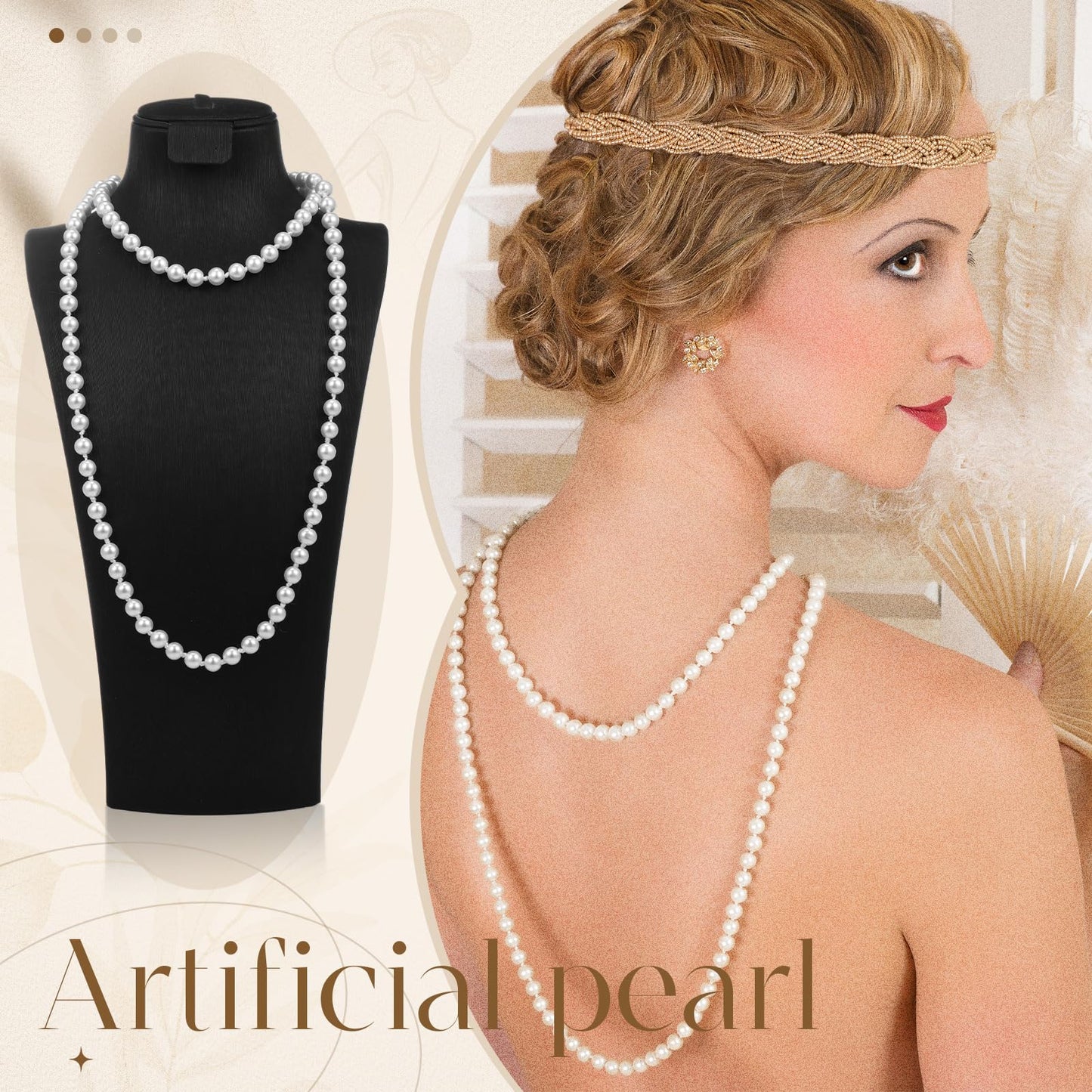 Aurelema 2 Pack Long Pearl Necklace for Women 1920s Costume Party Jewelry Faux Pearls Strand Beads for Ladies(60 Inches,8 mm,Classic,Cream White)