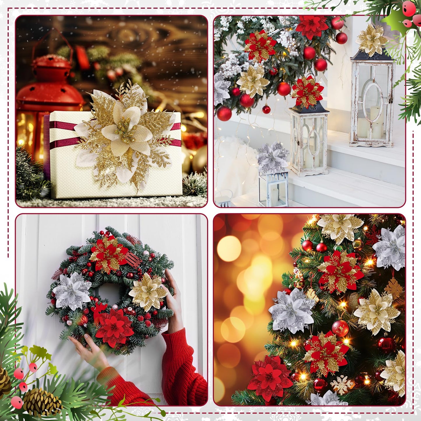 48 Pcs Christmas Poinsettia Artificial Flowers with Clips 5.5" Christmas Tree Wreaths Garland Decoration Glitter Flowers Picks Decor with Stems for DIY Xmas Wreath New Year Holiday Home Party Decor