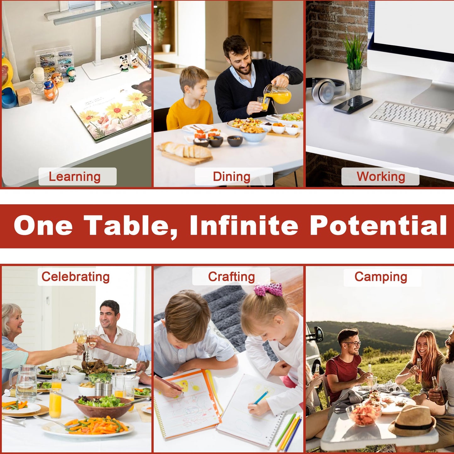 Elevon 6FT Folding Tables โ Heavy Duty Portable Foldable Table with Built-in Handle, 300 lb Capacity โ Ideal for Events, Parties, Crafts, Camping & Dining (6-Pack)