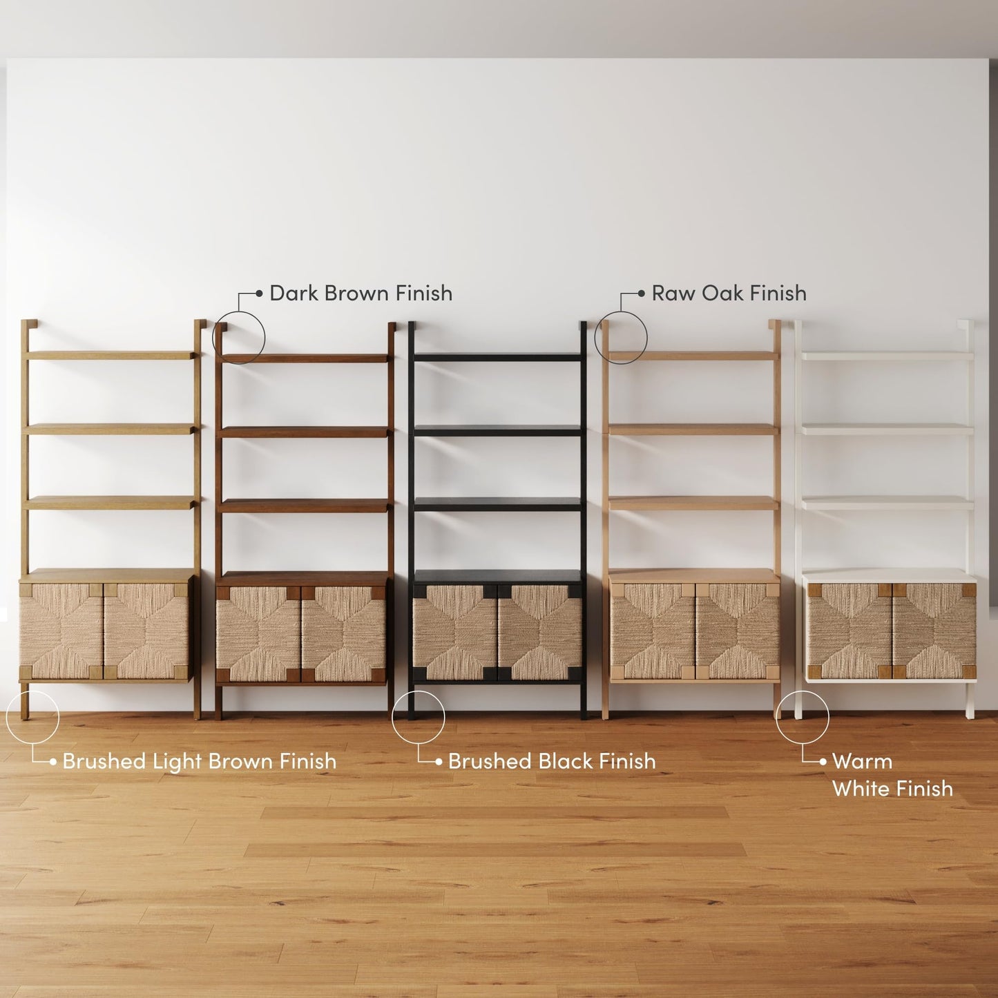 Nathan James Beacon 3-Shelf Bookcase with Seagrass Cabinet, Solid Wood Bookshelf with Storage with Solid Wood Frame, Seagrass/Raw Oak Set of 2