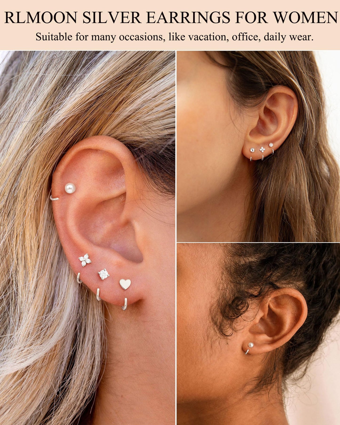 RLMOON Backless Earrings Silver Huggie Half Hoop Earrings for Women 14K Gold Plated Stay Close Hoop Earrings No Back Comfort Fit Hypoallergenic Stackable Earrings to Sleep in