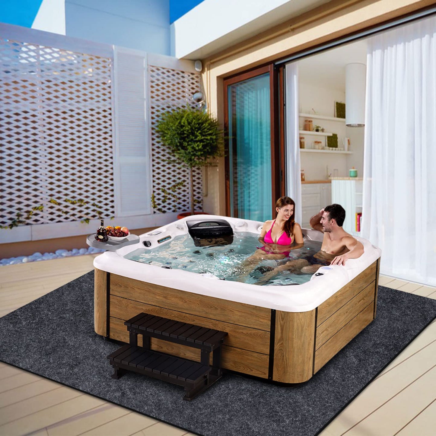 90 * 90 inch Round Inflatable Hot Tub Mat, Outdoor Indoor, Waterproof Slip-Proof Backing, Absorbent Spa Pool Ground Base Flooring Protector for Hot Tub Pool