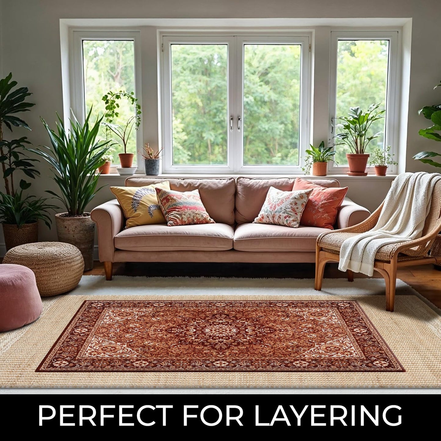RUSVILLA 8x10 feet Natural Jute & Wool Area Rug,โ Handwoven Mini Check Natural Fiber Rug with 4" Border, Neutral Boho Farmhouse Rug for Living Room,Dining Room,Bedroom | 0.6" Pile (8' x 10')