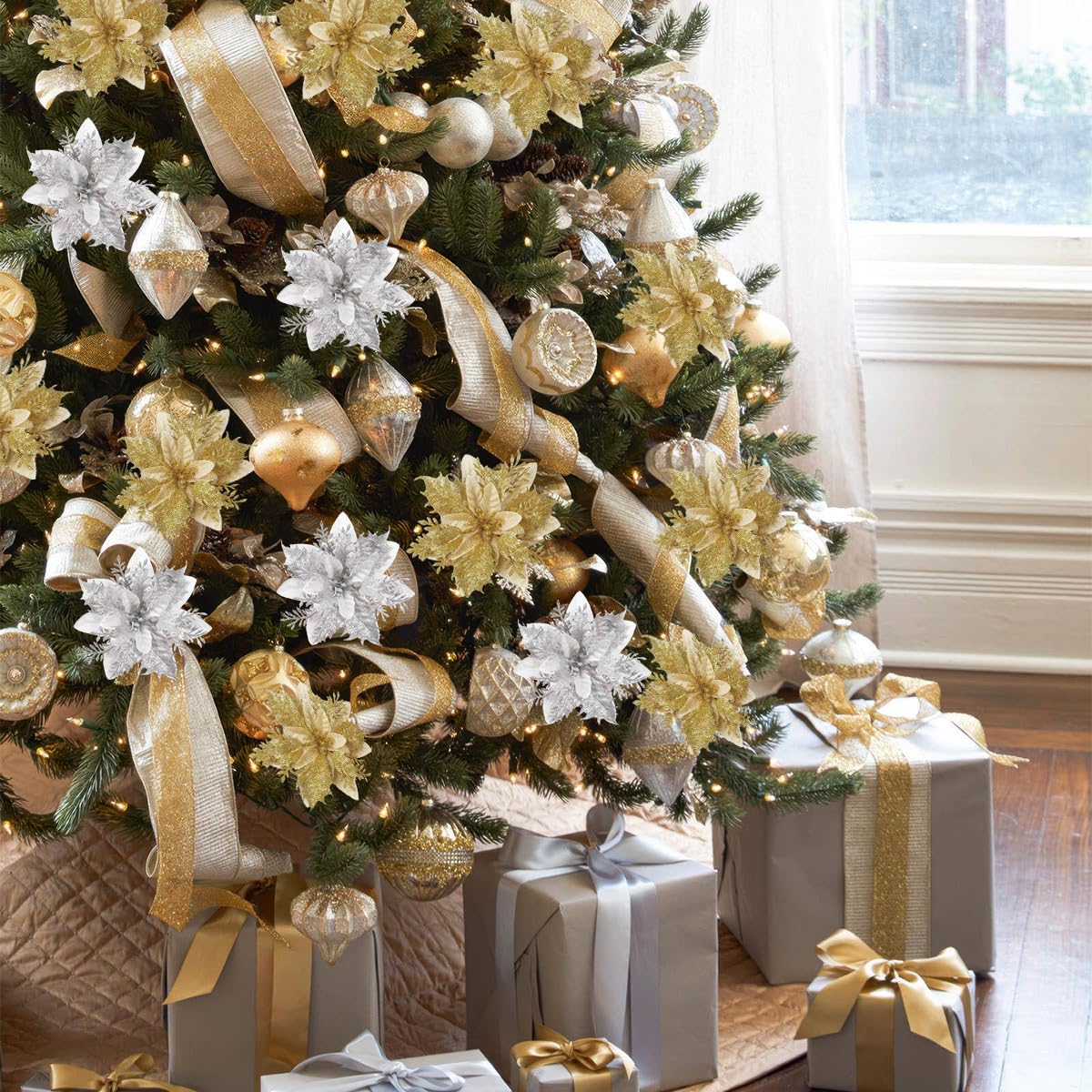 12 Pcs Christmas Glitter Poinsettia Flowers with Clips Stems Xmas Tree Wreaths Garland Decoration Ornaments Artificial Floral Picks Decor for DIY Wreath New Year Wedding Home Party (Gold Silver)
