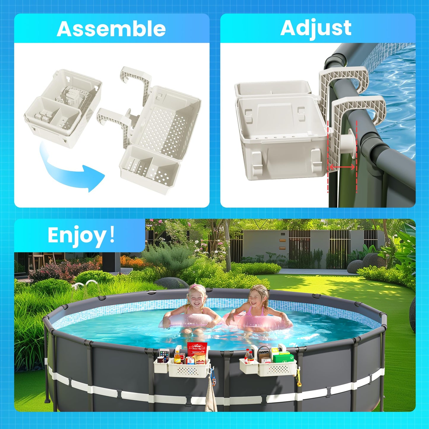 AquaJoyer 2 Sets of Poolside Storage Baskets with Cup Holders - Perfect for 3-Inch or Smaller Top Rails - Above Ground Pool Accessories - Fit for Most Above Ground Pool(Beige)