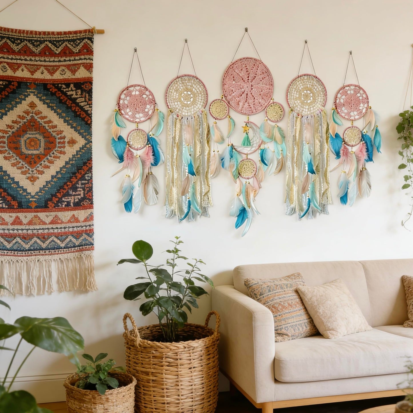 Handmade Dream Catchers Set of 5, Pink Boho Macrame Wall Hanging Decor for Women, Gift for Mother's Day, Birthday, Christmas, Housewarming, Nursery, Teen Girl Bedroom Aesthetic