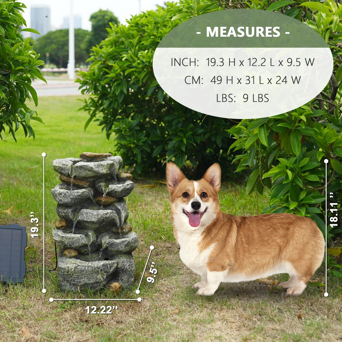 KAISOKU Solar Water Fountain Outdoor Garden, 24" H Cascading Stone Design 5 Tier Rock Feature Outdoor Fountains Waterfalls with Light, Pump Solar Panel for Patio, Deck, Porch, Backyard Home Décor