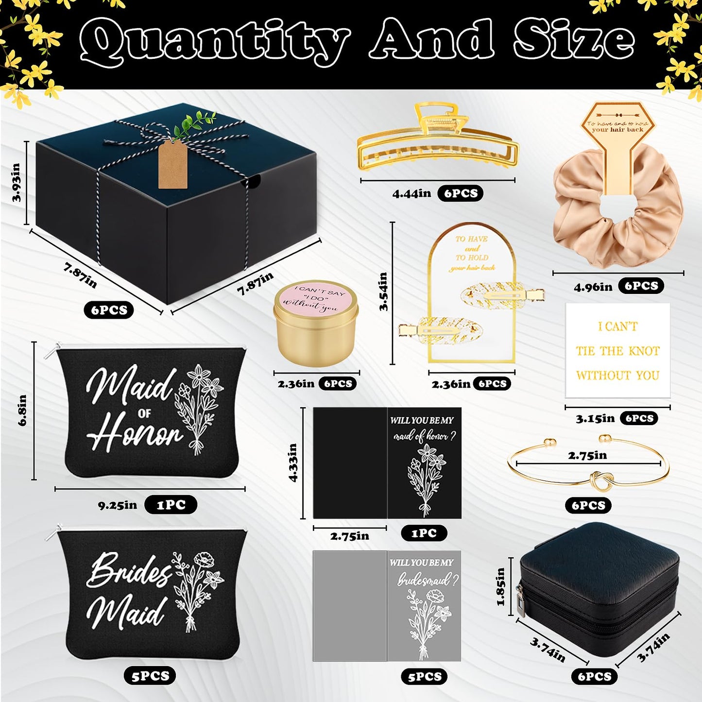 CITYCHALET 73Pcs Bridesmaid Gifts Set of 6 Black,Maid of Honor Proposal Gift Boxes Set,Cosmetic Bag Scented Candle Jewelry Box Metal Hair Clip Knot Bracelet Bachelorette Party Bridal Shower