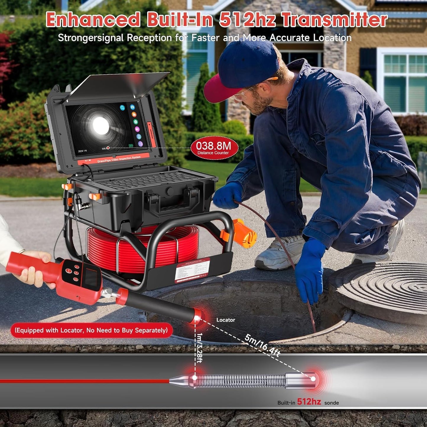 Oiiwak Sewer Camera with Locator, OK-S1 7mm Diameter Cable 10.1" Touch-Screen Sewer Inspection Camera with DVR for Drain Plumbing Pipe - 512 Hz Sending Set, Self-Leveling, Distance Counter, 165FT