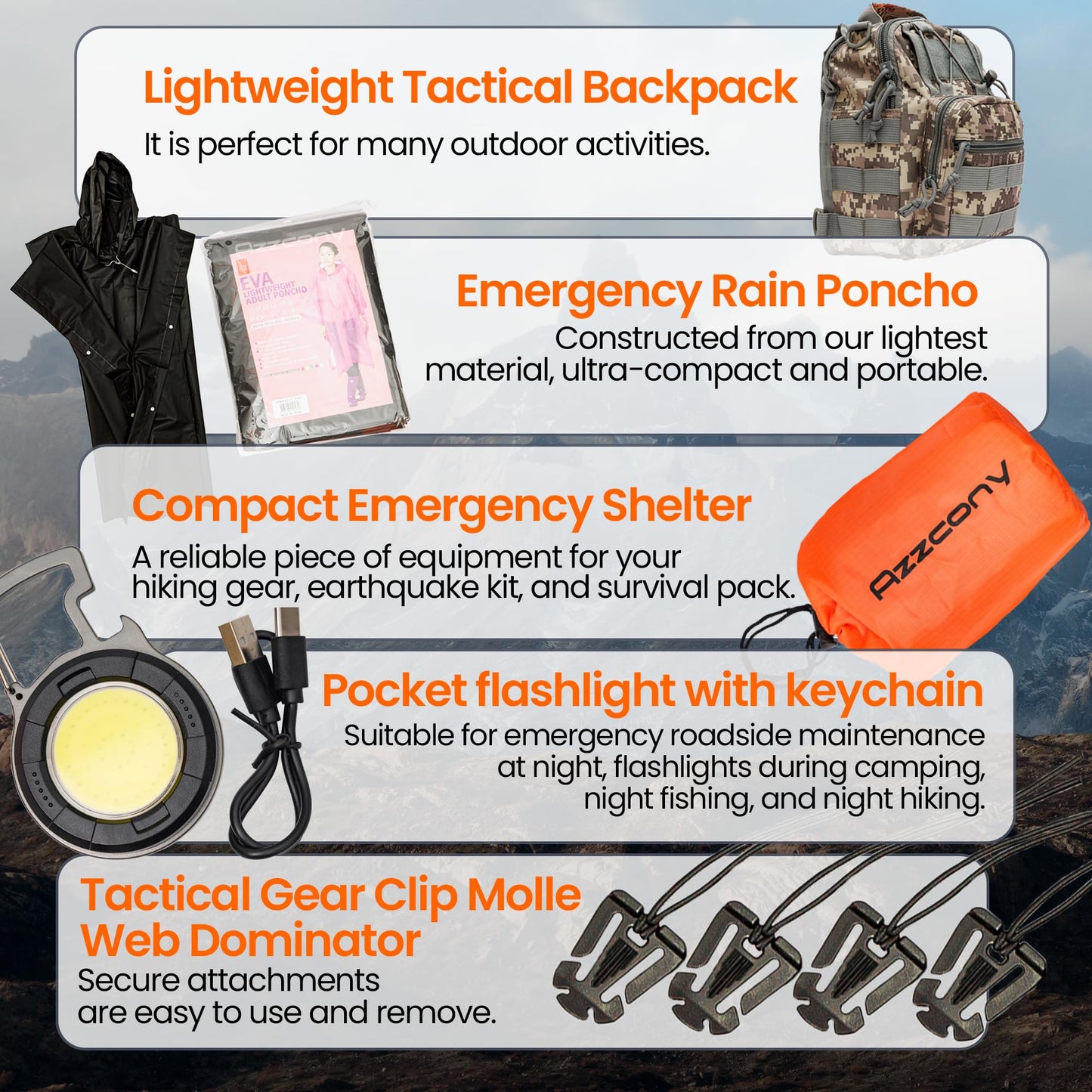 Emergency Survival Kit with First Aid Gears and Supplies - EDC Go Bugout Bag - Get Home Backpack for Camping Outdoor - Tactical Military Molle Pouch Grade - Gift for Man Woman (Army Blue)