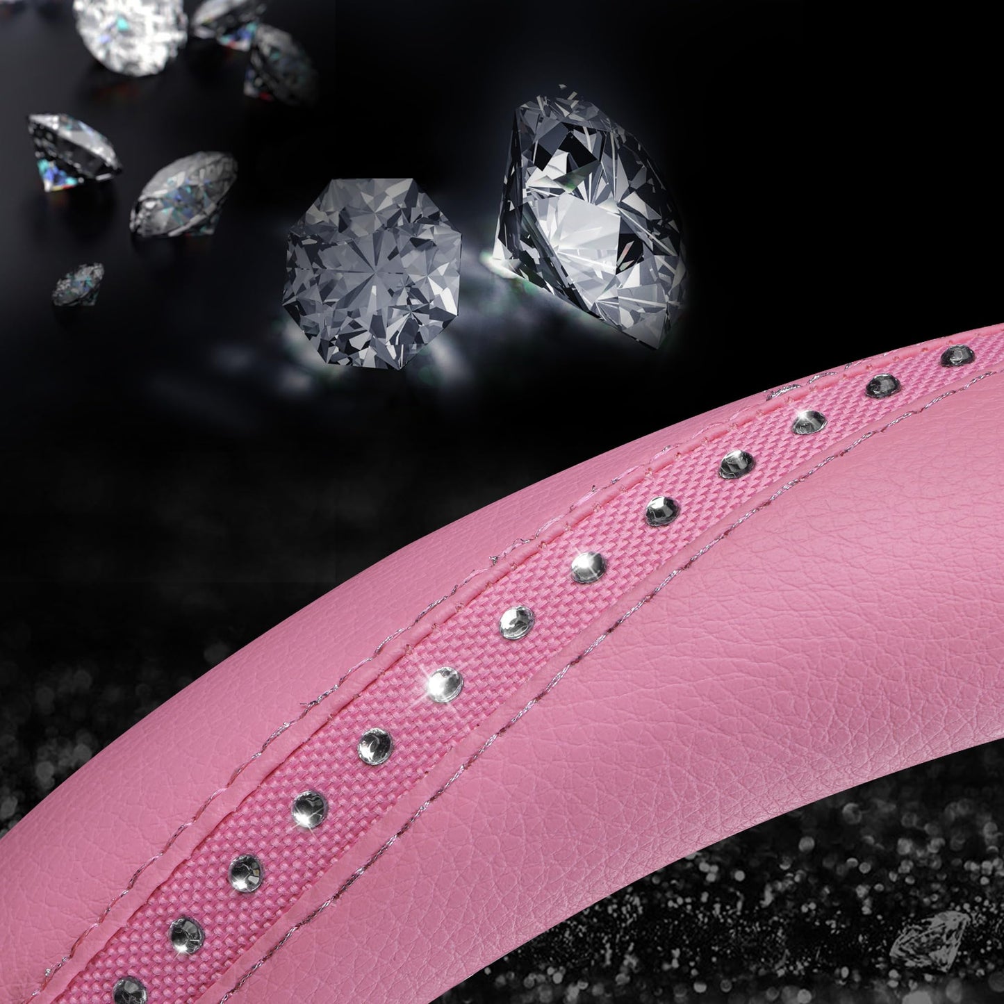 CAR PASS Bling Diamond Pink Leather Steering Wheel Cover, Studded Shining Rhinestones Universal Fit 14" 1/2-15" Glitter Sparkly Crystal Fit for Women Girl SUV,Vans,Sedans,Car,Trucks, Pink Diamond