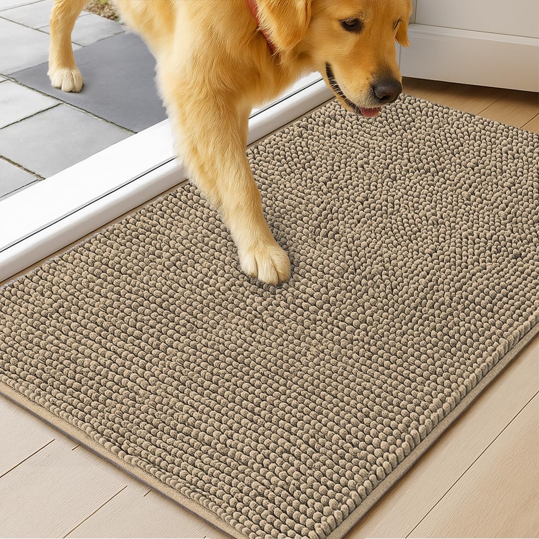 MudGuard Mat⢠Dog Door Mat for Muddy Paws, Super Absorbent Microfiber, Non-Slip Indoor Mat, Quick Dry Chenille Mud Mat for Dogs & Entryway, Washable, Beige 24" x 60"