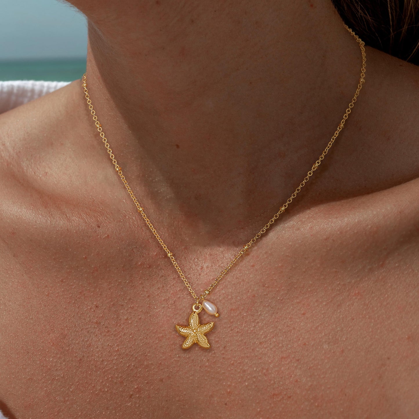 Ewrkbr Charm Necklace for Women,Dainty 14K Gold Pearl Starfish Pendant Necklace Fashion Cute Boho Beach Necklaces Trendy Summer Accessories Jewelry for Women