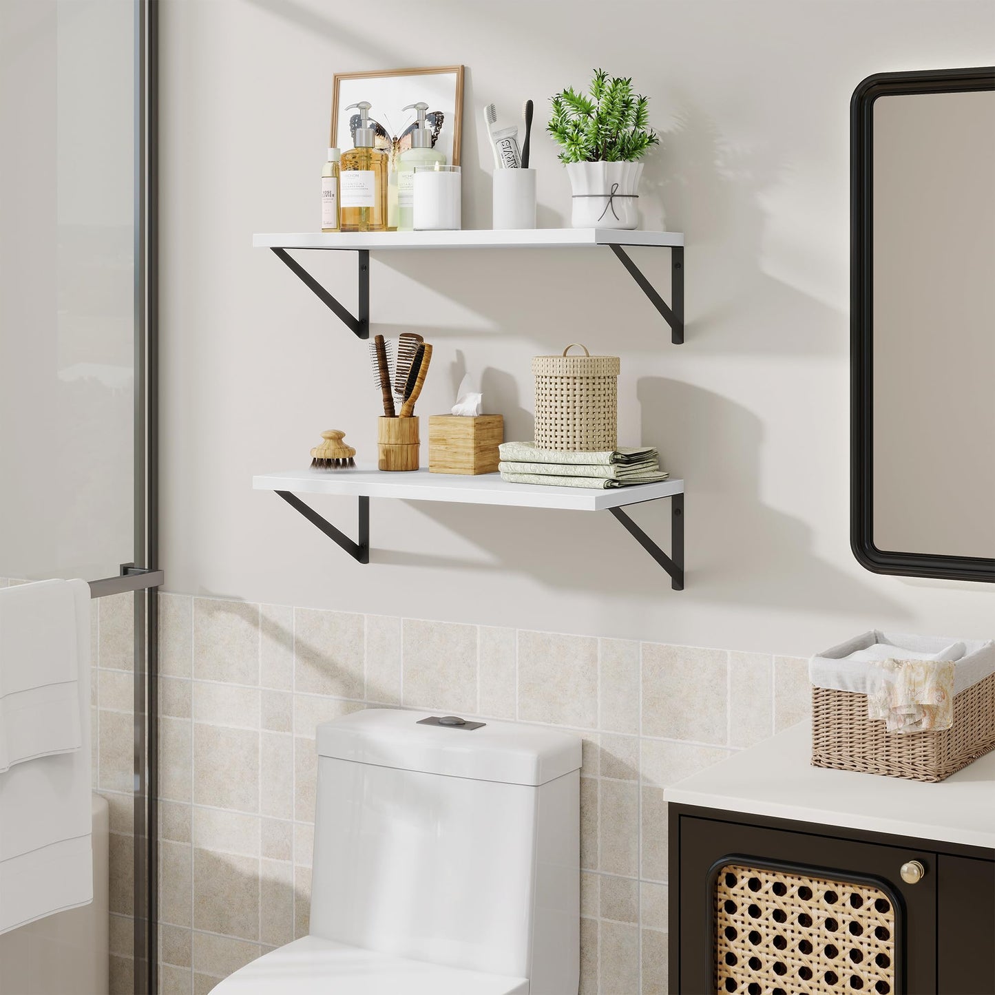Acovy Deep Floating Shelves,24" Wx10 D Floating Shelf for Wall Set of 2,Hanging Storage Shelf with Metal Brackets,Wide Display Wall Shelves for Living Room,Bedroom,Bathroom,Kitchen,White
