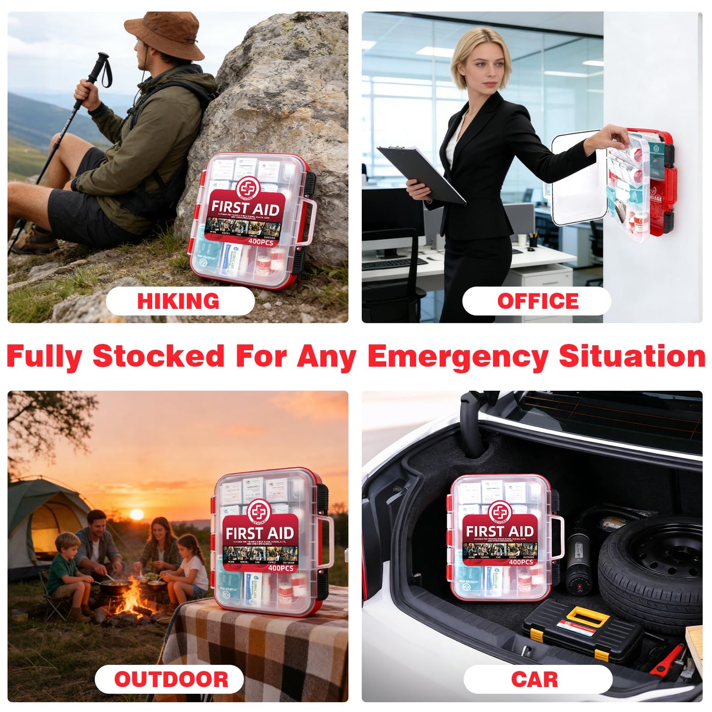 Gevoke 400 Piece First Aid Kit - Organized Dual-Layer Wall-Mountable Hard Case Medical Kit for Home, Car, Camping, Travel, Hiking, Truck, Office, Sports, Vehicle & Outdoor Emergencies