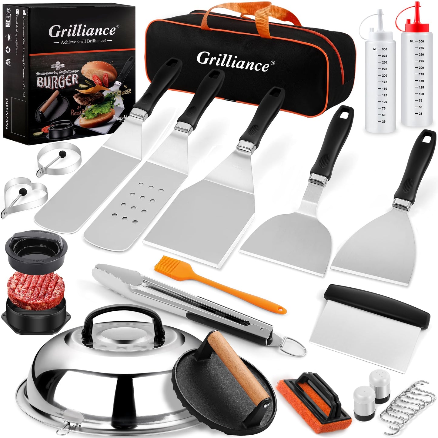 Grilliance 27pcs Griddle Accessories Kit for Blackstone, Professional Hibachi Flat Top Grill Tools, Enlarged Spatula Gift Set with Basting Coverï¼Burger Press Patty Maker for Outdoor BBQ Teppanyaki