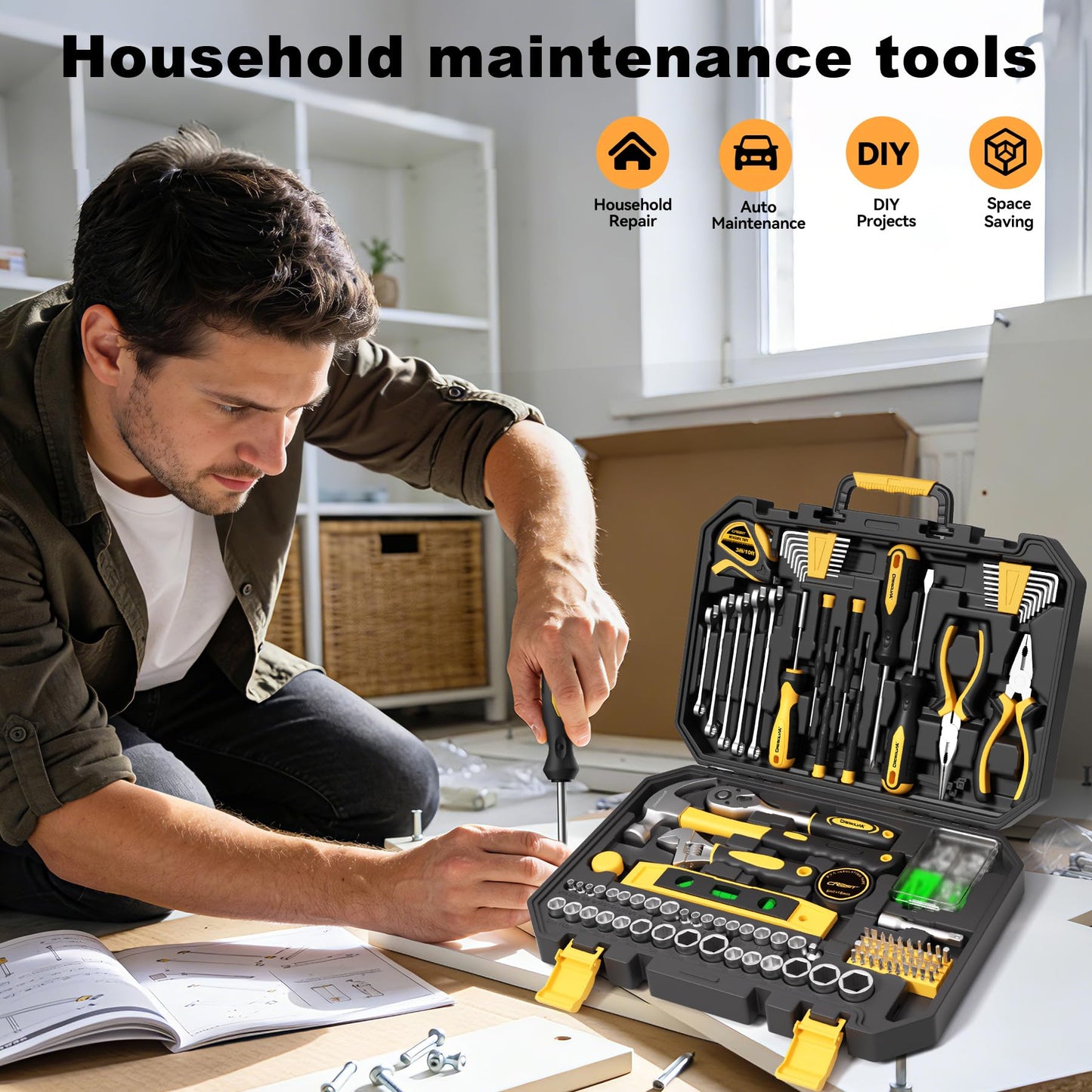 CRESOLVIA 209 Piece Tool Kit for Home Socket Wrench Auto Repair Tool Set,General Household Tool box,Basic Hand Tool Kit,Perfect for Homeowner, Diyer, Handyman