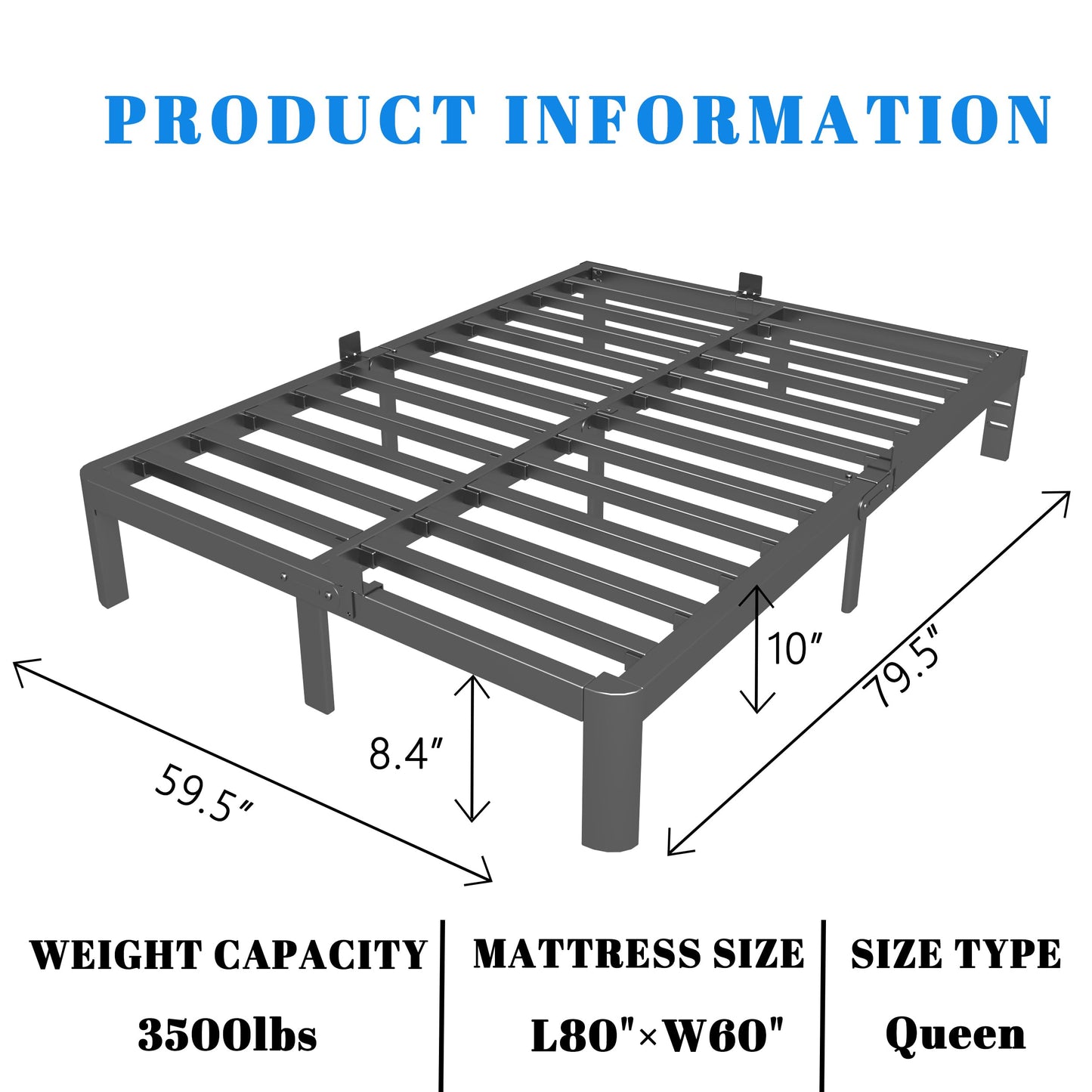 KOSOSO 10 Inch Queen Bed Frame, Black Bed Frame Queen Size with Metal Baffles, No Box Spring Needed, Heavy Duty Steel Platform Support, Rounded Corner Design, Reserved Holes, Storage Space, Noise Free