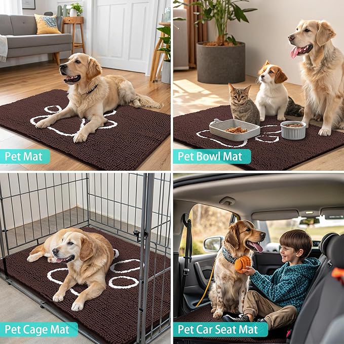 Smiry Dog Door Mat for Muddy Paws, Absorbent Dirt Trapper Non Slip Quick Dry Washable Chenille Mat for Mud Dogs, Entry Rug for Indoor and Outdoor (40x24 Inches, Brown and White)