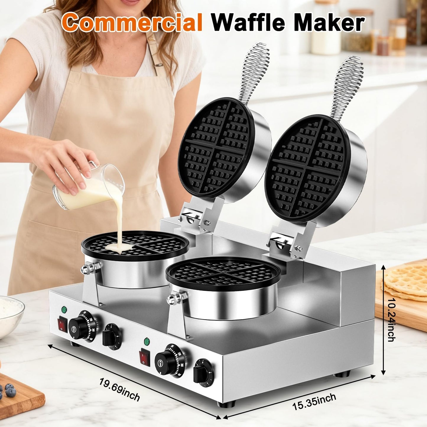 Culistra Commercial Waffle Maker, Dual-Head, Dual Zone Temp Setting, 2600W Stainless Steel Waffle Baker Machine, 50-300°C(120-570℉), Nonstick, for Catering, Restaurant, Snack Stand, CE Certified