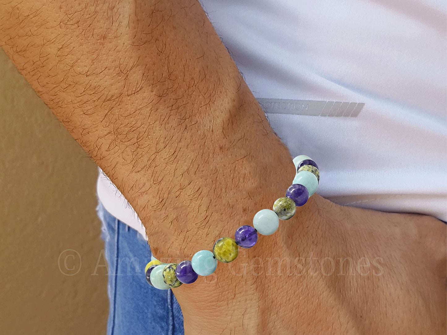 Amazing Gemstone Bracelet for Headaches and Migraines - Amazonite Serpentine Amethyst Bracelet Set for Men Women Healing Calming Anxiety Stress Relief Gifts Pulseras Para Hombres Mujer (Adjustable)
