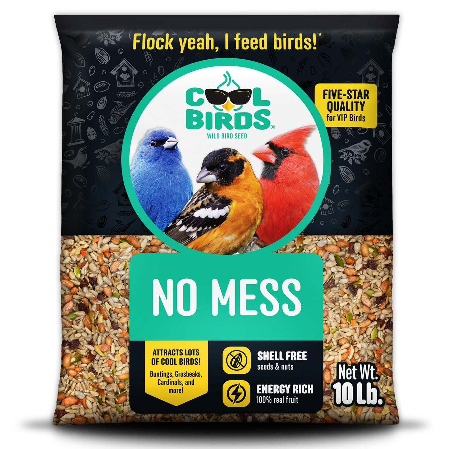 Cool Birds No Mess with Fruit Wild Bird Seed â 10 lb. 100% Edible Shell-Free Blend with Sunflower Hearts, Peanuts, Tree Nuts, Pumpkin Seed & Real Fruit â No Waste Bird Seed for Outside Feeders