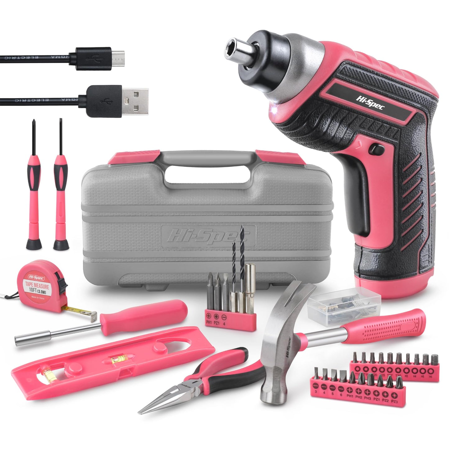 Hi-Spec 35-Piece Tool Kit with 3.6V USB Small Electric Screwdriver Set, Pink Drill Set for Women, Tool Kit for Home