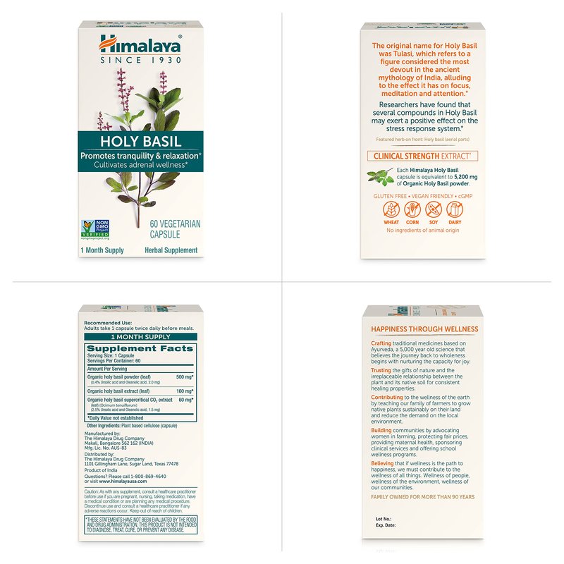Himalaya Holy Basil Capsules-Herbal Adrenal Support for Stress Relief, Reduce Cortisol, Relaxation, Energy Support and Occasional Sleeplessness - Vegan, Non-GMO, Gluten Free, 720 mg, 120 Capsules