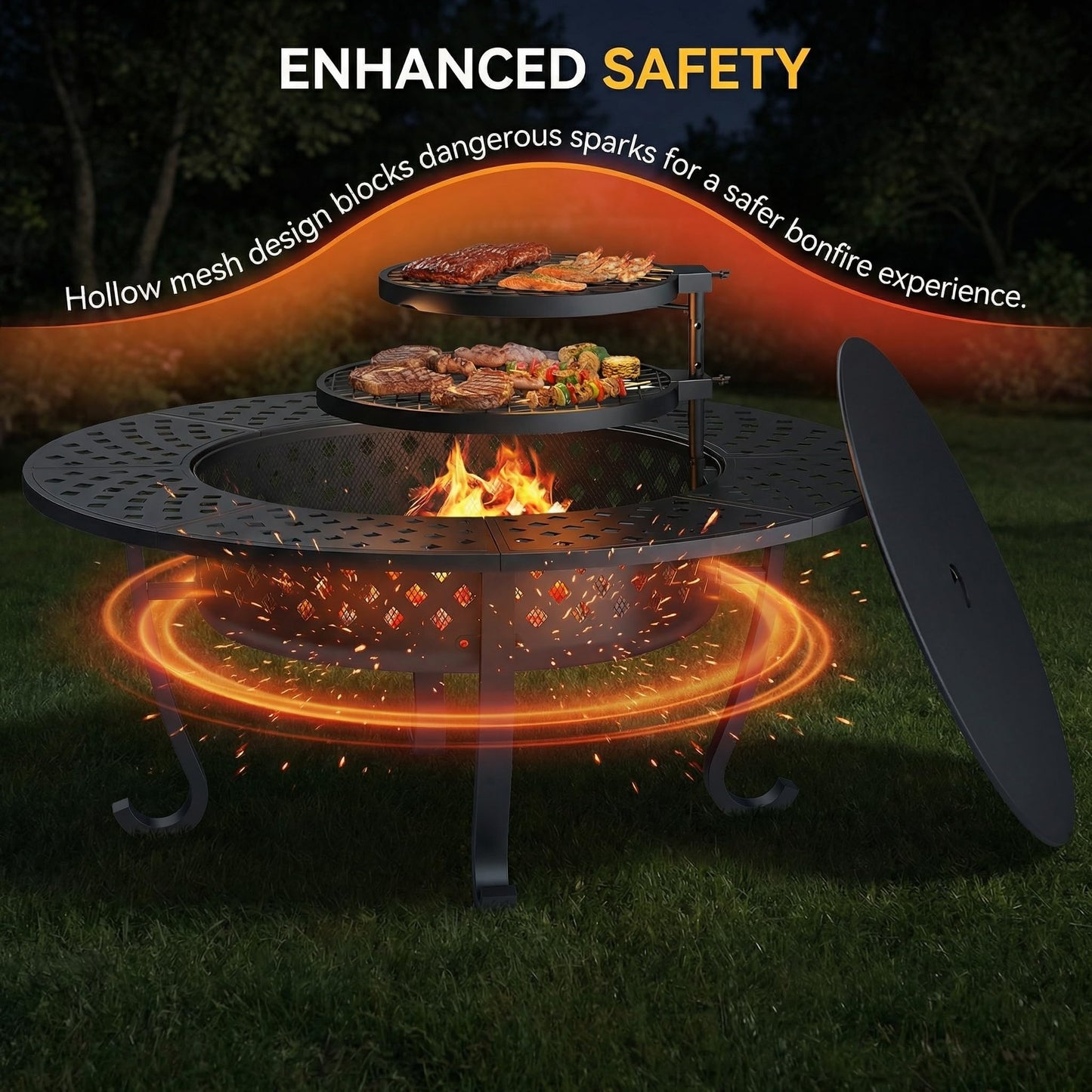 Outdoor Fire Pit, 43" Fire Pit for Outside Wood Burning with Adjustable 2 Grills, Outdoor Fireplace with Lid and Fire Poker, BBQ, Bonfire, Round Firepit 3 in 1 for Patio, Backyard, Garden, Black