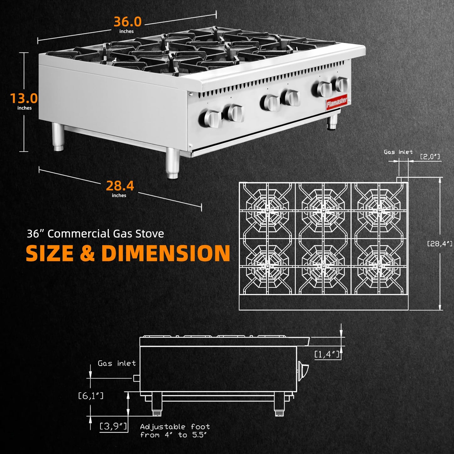 6 Burner Commercial Hot Plate, 36" Countertop Gas Stove Stainless Steel Natural Gas Range with Propane Conversion Kit Cooking Equipment for Restaurant Kitchen-150000 BTU