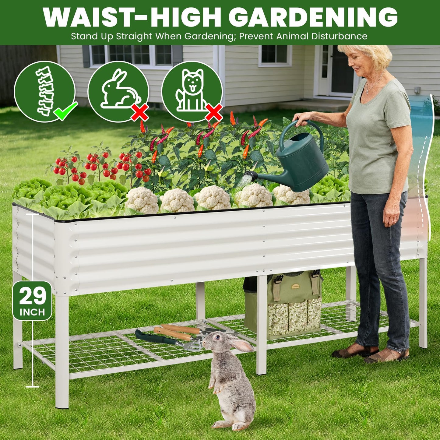 Elevated Raised Garden Bed 2' x 6'- Galvanized Metal Planter Boxes with Legs & Storage Rack, Outdoor Planters for Backyard/Patio/Balcony, with Drainage Holes for Vegetables, Flowers, Herbs, White