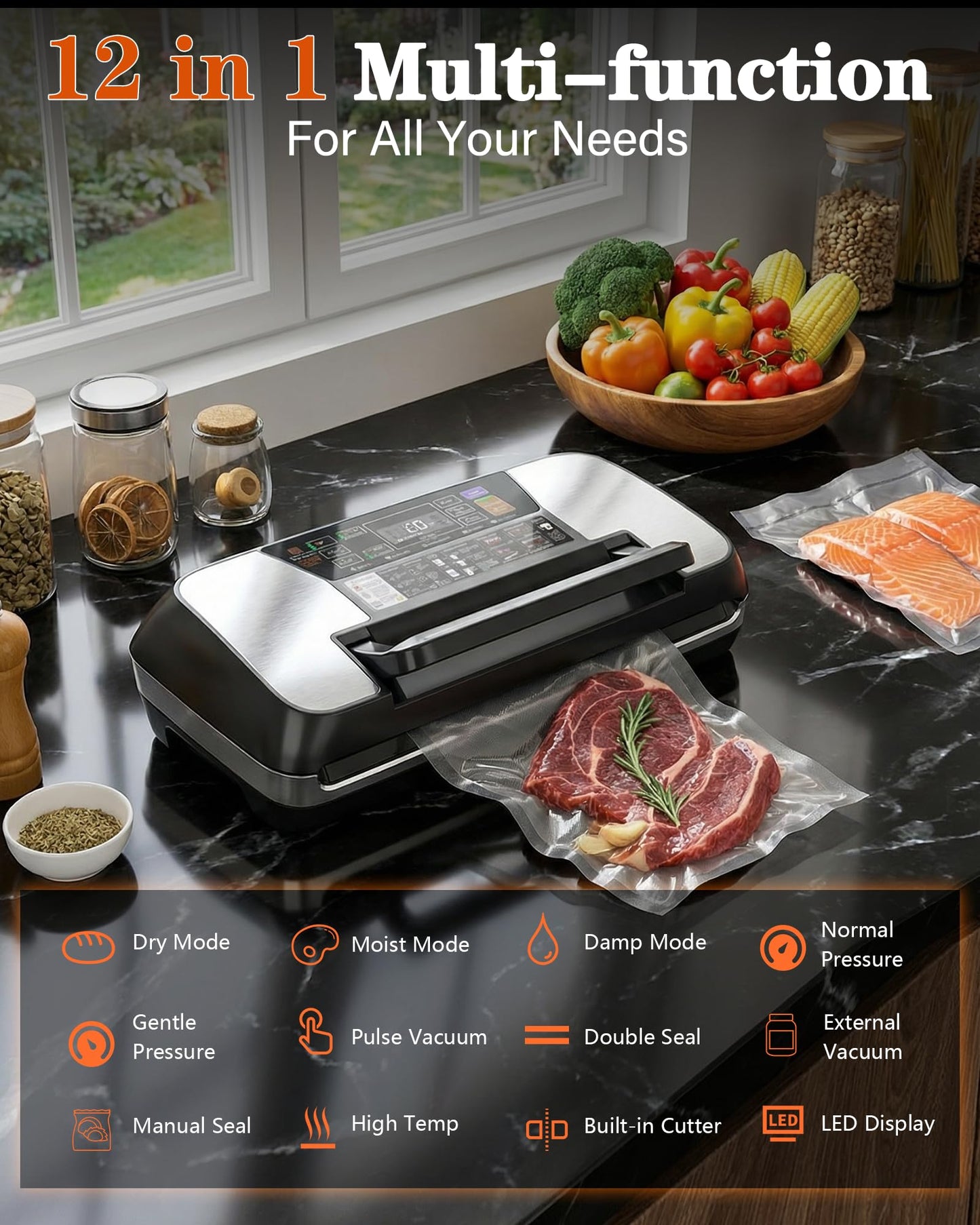 95kPa Food Vacuum Sealer Machine, Powerful 230W Vacuum Pack System with Double Heat Seal for Moist & Dry Food, 12-in-1 Automatic Sealer Includes Built-in Cutter, Hose for Jars & Wine, 1 Roll + 10 Bags