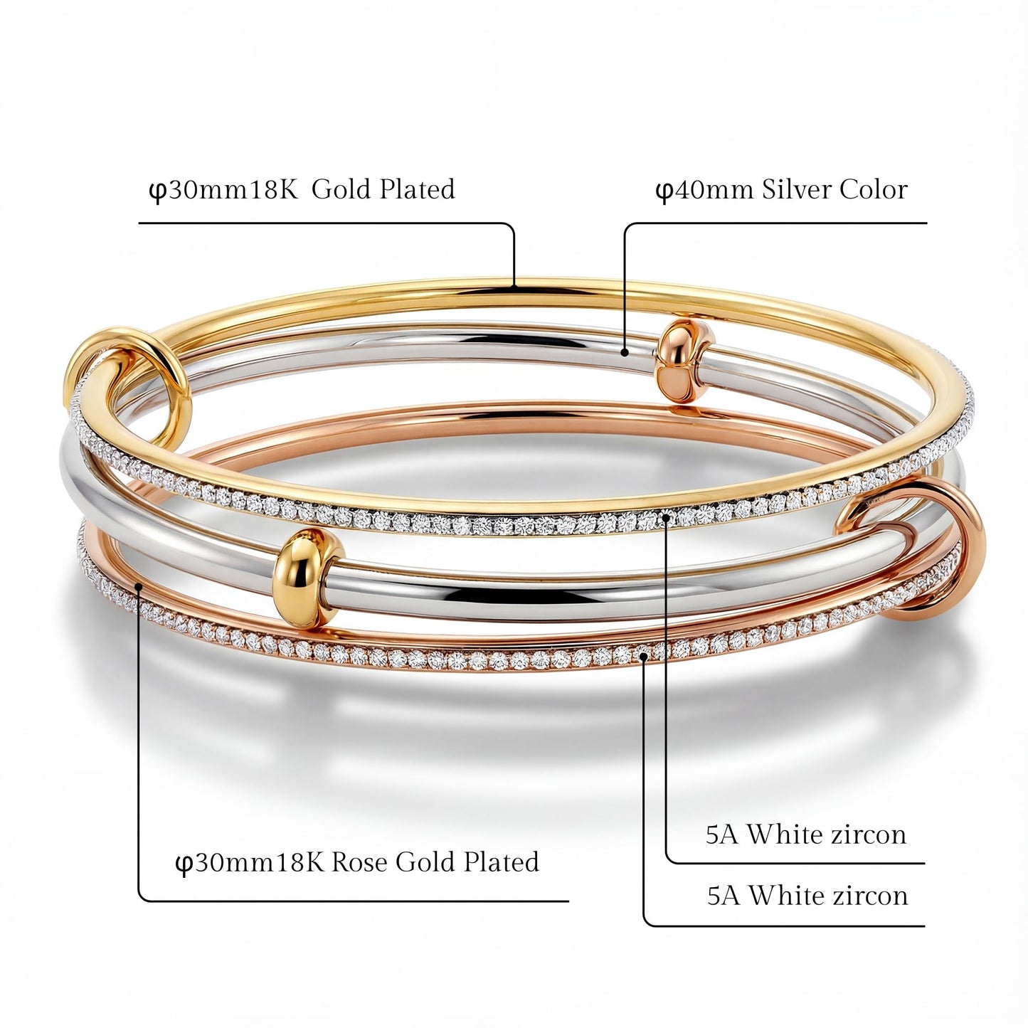 Musishiyu Gold Bracelets for Women Stacking Bangle - 18K Mixed Metal Tri-Color Rolling Interlocking Bands, Cubic Zirconia Fidget Anxiety Jewelry, Perfect Gifts for Mom Wife Grandma