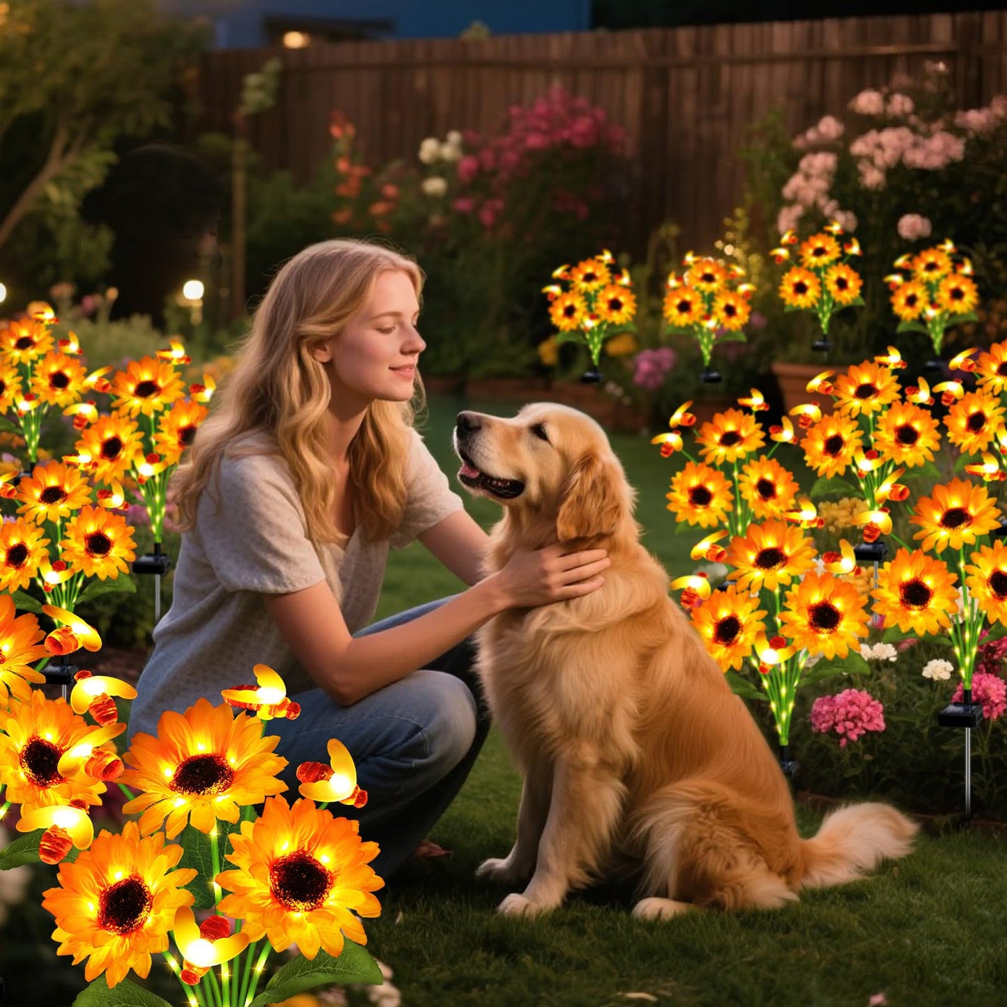 ANGMLN Solar Garden Lights 4 Pack Solar Swaying Bee Lights with Sunflowers, Gifts for Mom Women Mothers Day, Waterproof Firefly Flower Light for Outdoor Decor,Decoration for Patio Yard Landscape