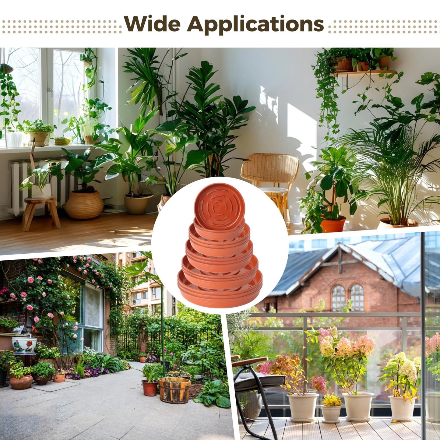 15 Pcs Terracotta Plant Saucer Pots Tray, 6.3/7.09/7.95/9.29/10.04 Inch Round Plastic Plant Saucers, Terracotta Plant Drip Trays with 3 Gardening Tools,Flower Pot Tray for Indoor Outdoor Plants