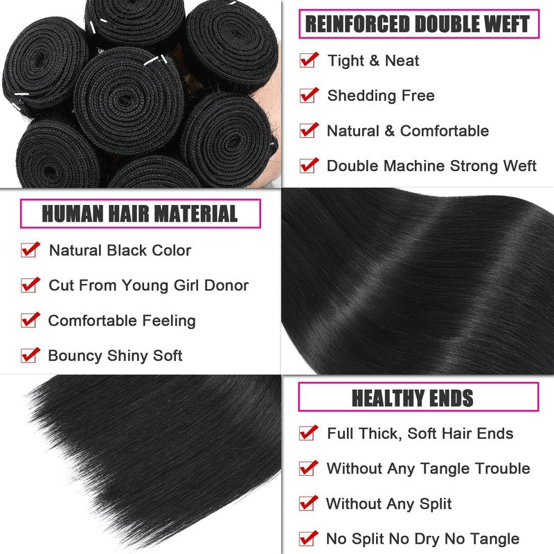 NROOEAY Straight Bundles Human Hair 24 inch 100% Unprocessed Brazilian Straight Hair Bundles 12A Remy Virgin Retain the Intact Cuticle, Long Lifespan